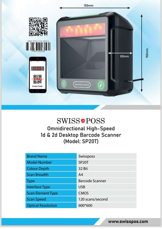 SWISSPOSS SP20T Omnidirectional Desktop Barcode Scanner - High-Speed 1D & 2D CMOS Scanner