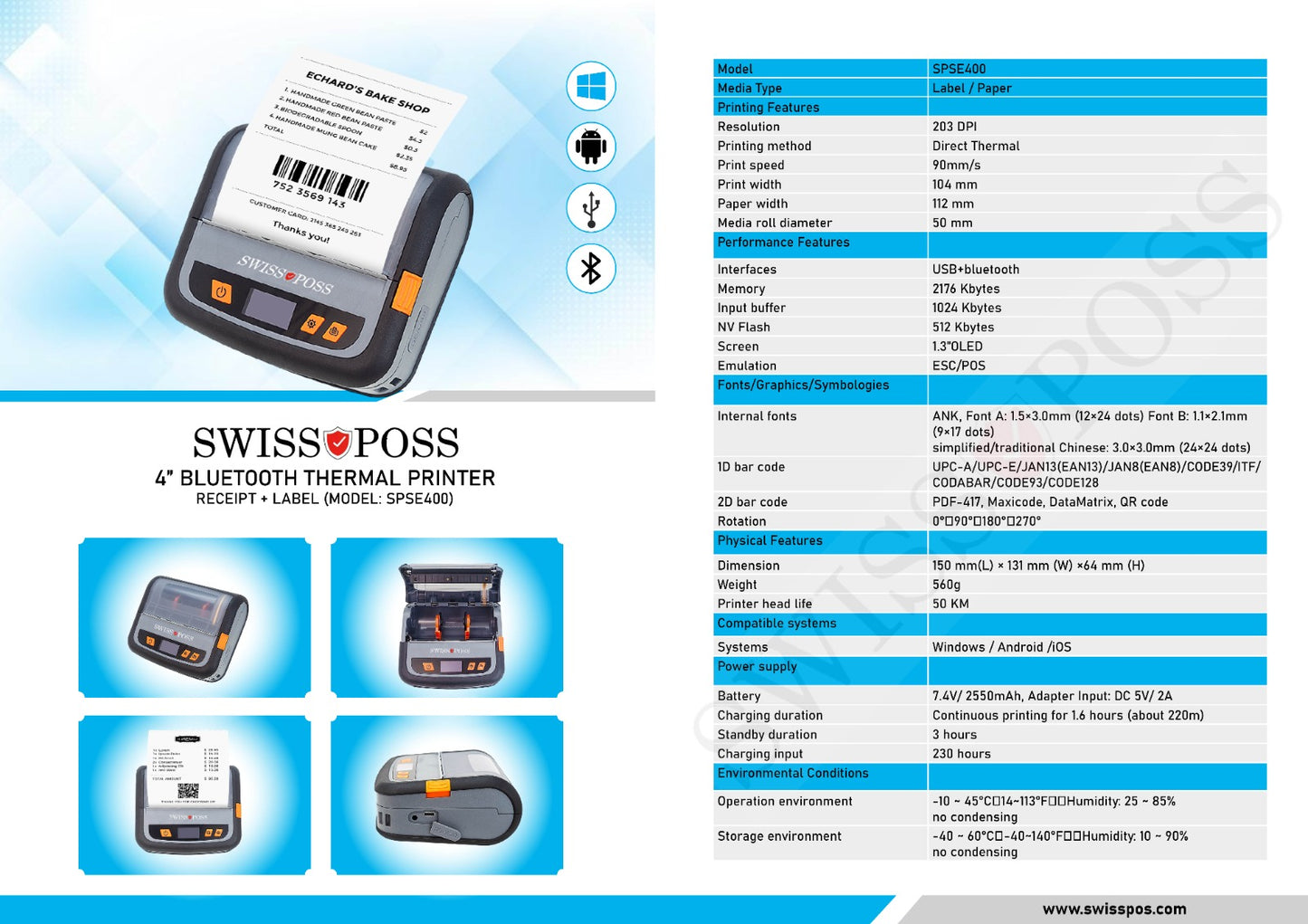 SWISSPOSS SPSE400 Bluetooth 110mm Thermal Printer - Wide Format Label & Receipt Printer