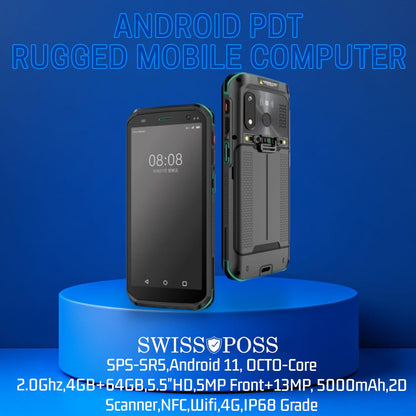 SWISSPOSS SPS-5R5 Android PDT Rugged Mobile Computer - IP68 Waterproof with 2D Scanner & NFC